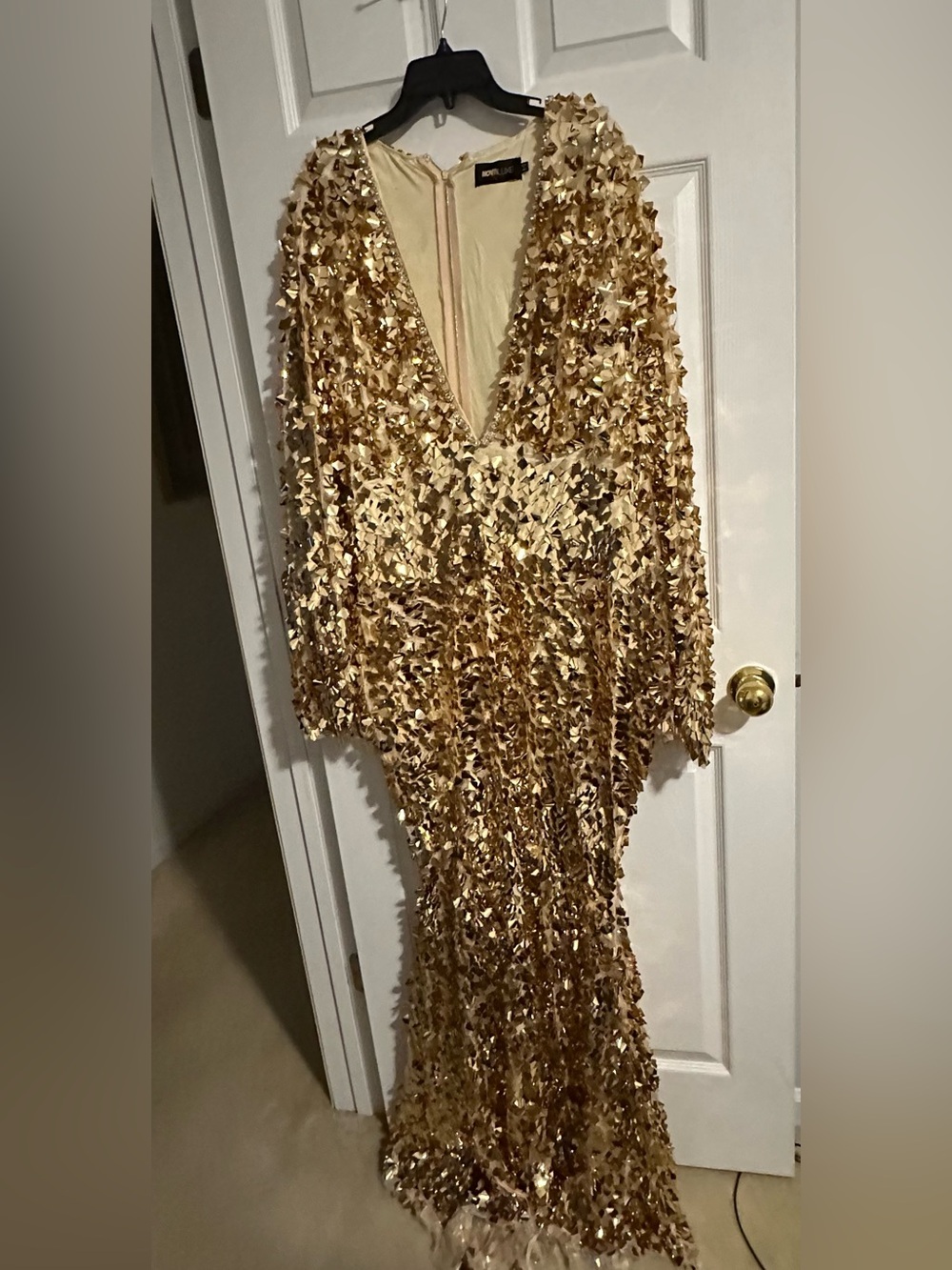 Luxe Gold Sequin Fringe Long Sleeve Gown